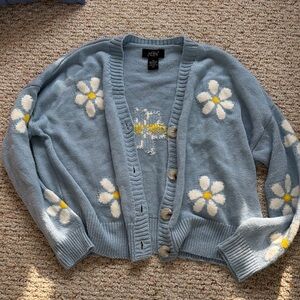 Floral Embroidered Blue and White Cardigan Sweater